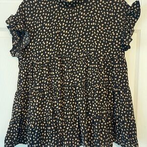 Elegant Black and Tan Ruffle Sleeve Blouse